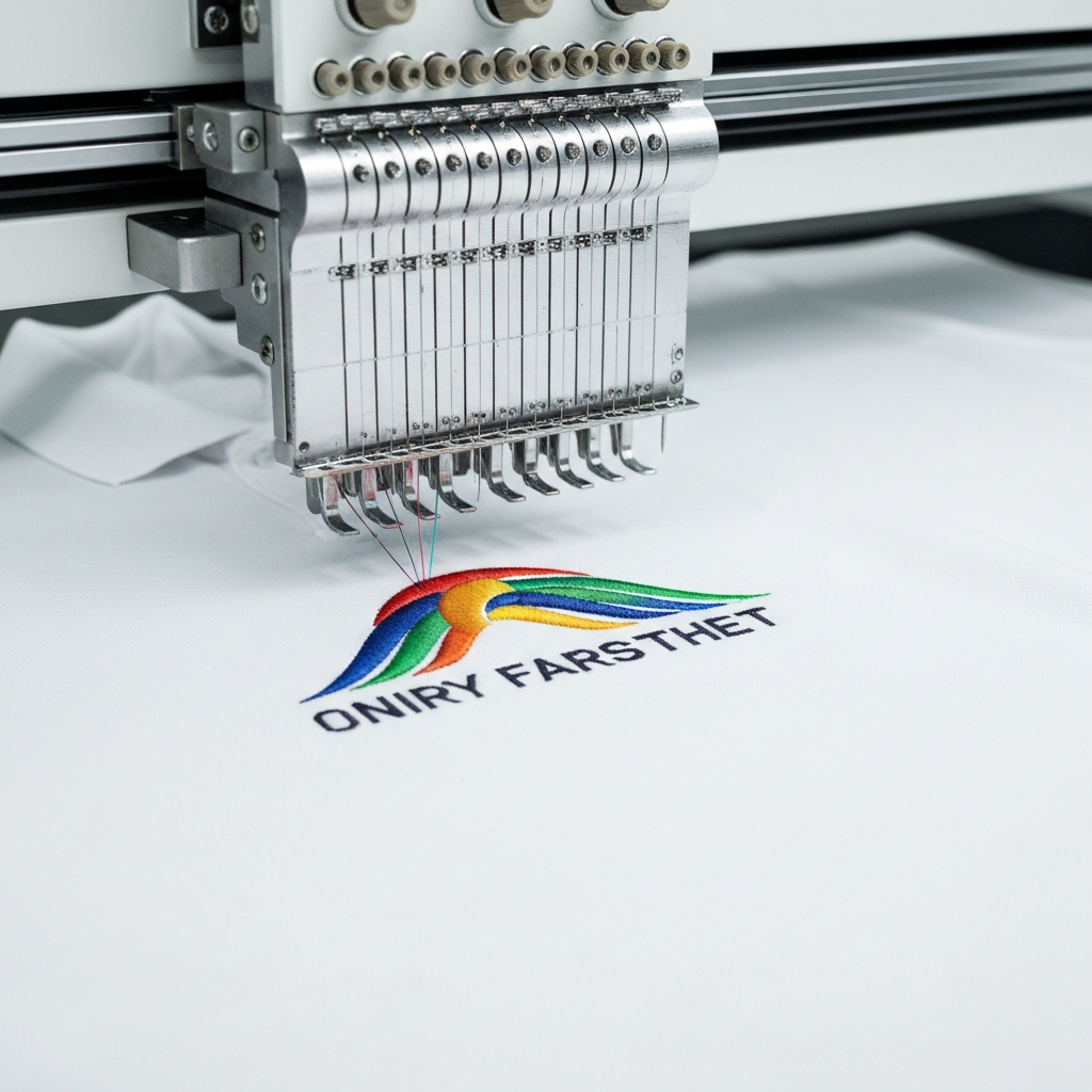 An embroidery machine stitching a logo in the Beverly shop